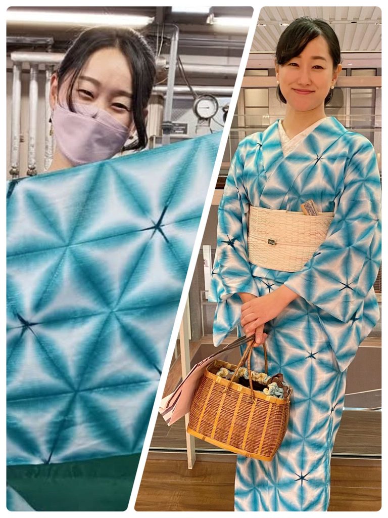 一回目の雪花絞り体験は
四つ折りこだわりの色で染めてもらいました
お会い縦も自分で行いピッタリと柄を合わせることができました
